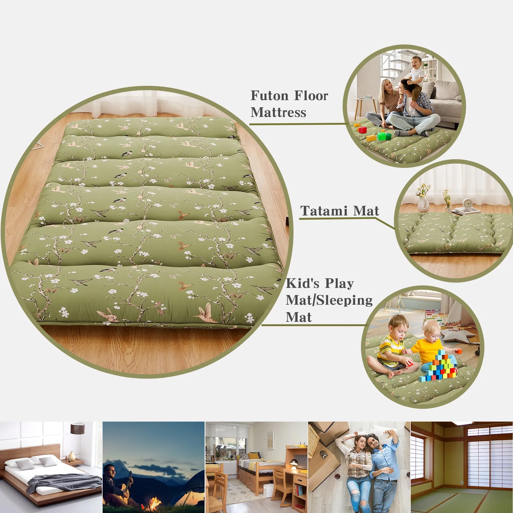 GARVEE Japanese Futon Mattress, Twin Size Futon Floor Mattress Japanese Style Floral Pattern Mattress for Floor, Tatami Mat, Sleeping Mattress Pad for Camping Travel, Fly Bird