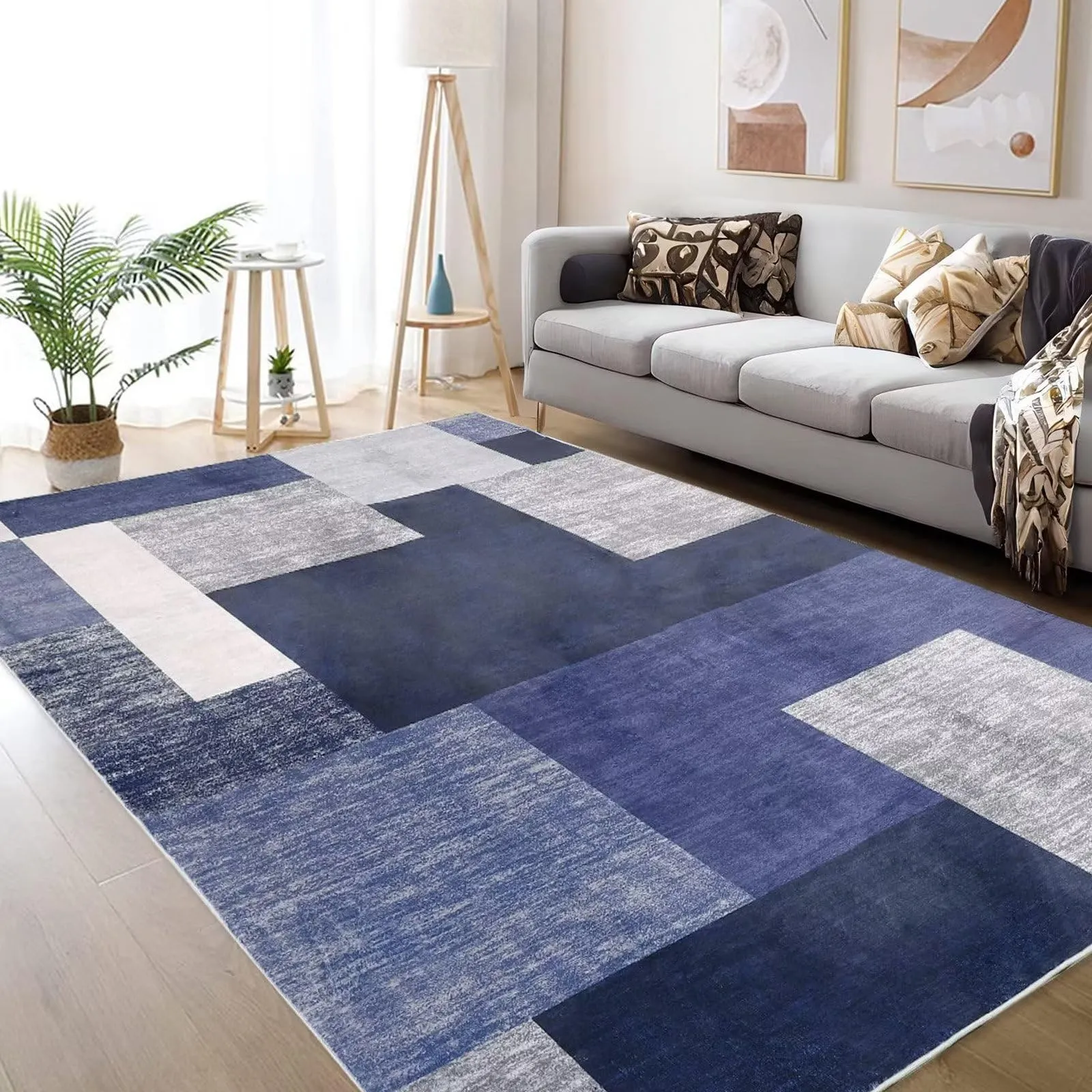 GARVEE Living Room Area Rug 9x12 Extra Large Geometric Rugs Machine Washable Indoor Modern Throw Carpet Soft Non Slip Bedroom Rug Non Shedding Contemporary Floor Cover for Dining Room Kitchen, Navy