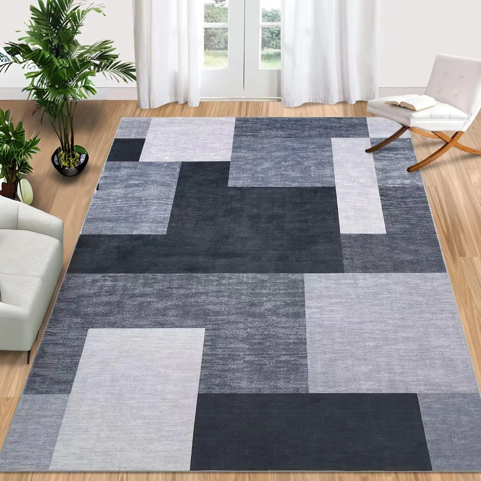 GARVEE Living Room Rugs 8x10 Geometric Rugs Machine Washable Modern Abstract Floor Carpet Ultra Soft Accent Rugs for Bedroom Non Slip Non Shed Floor Cover for Dining Room Kitchen Office, Grey