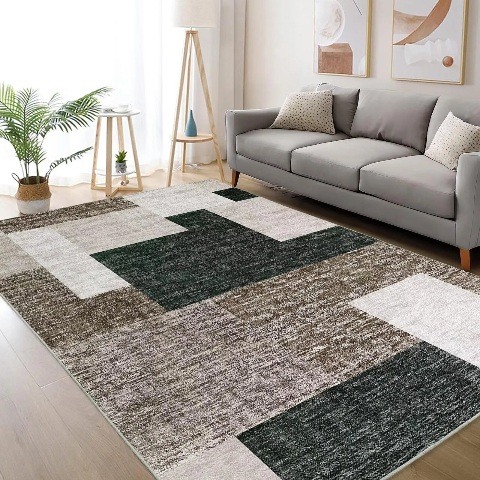 GARVEE Machine Washable Area Rug 4x6 Indoor Modern Abstract Rug Geometric Floor Carpet Super Soft Throw Kitchen Rug Non Slip Indoor Floor Cover Low Profile Doormats for Bedroom Living Room Dorm,Taupe