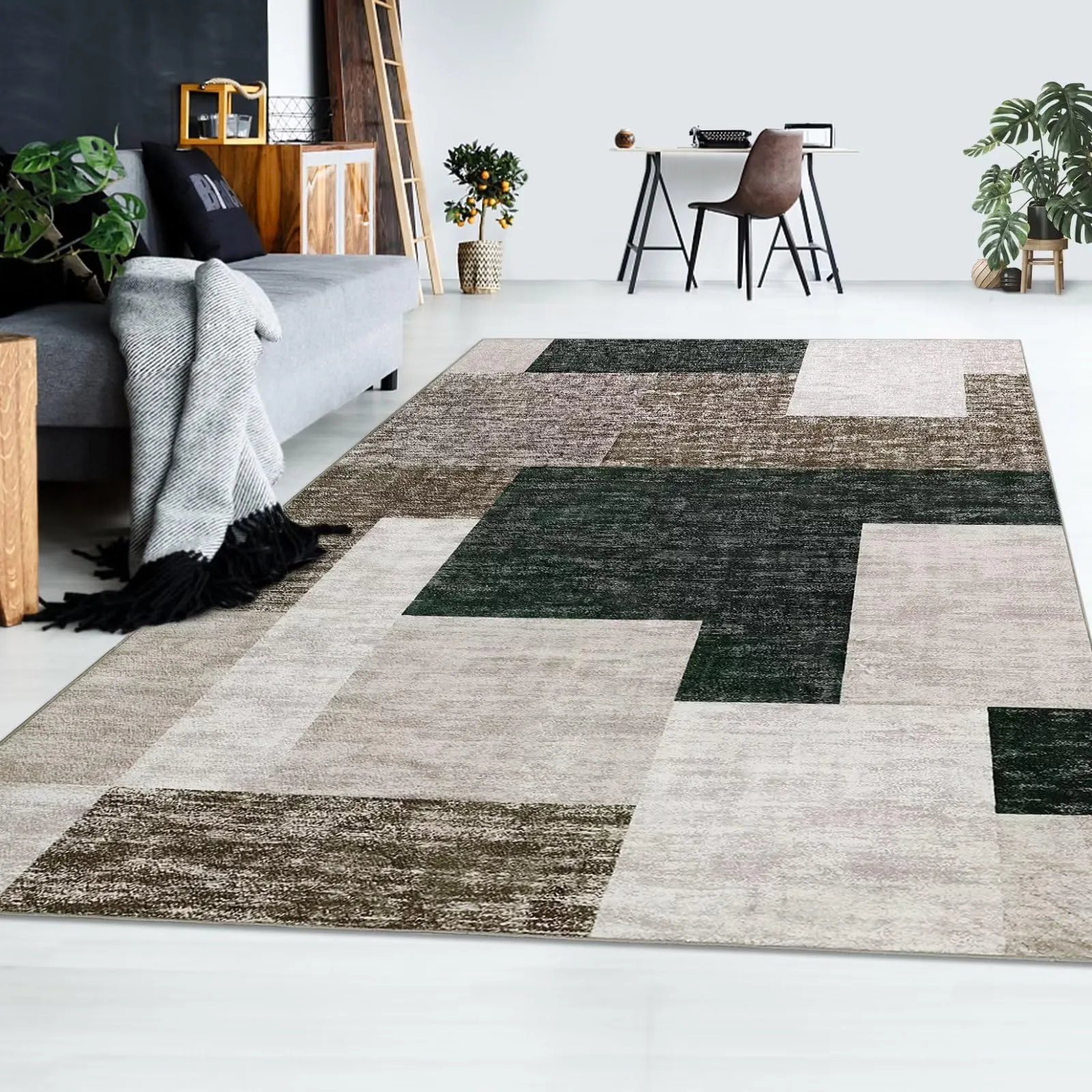 GARVEE Machine Washable Area Rug 4x6 Indoor Modern Abstract Rug Geometric Floor Carpet Super Soft Throw Kitchen Rug Non Slip Indoor Floor Cover Low Profile Doormats for Bedroom Living Room Dorm,Taupe