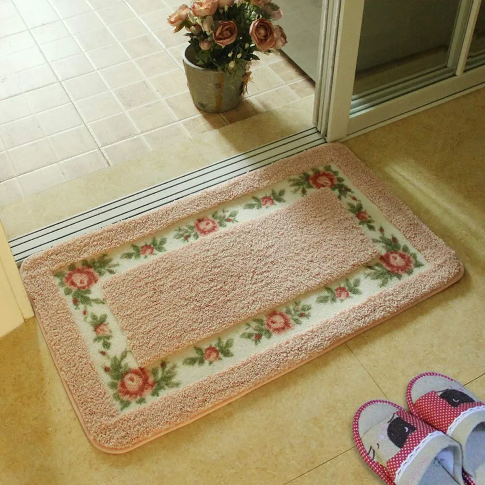 GARVEE Non-Slip Pastoral Floor Mat Style Rose Pattern Non Slip Water Absorption Rectangle Carpet Floor Mat for Living Room Bedroom Kitchen Pink 40×60cm