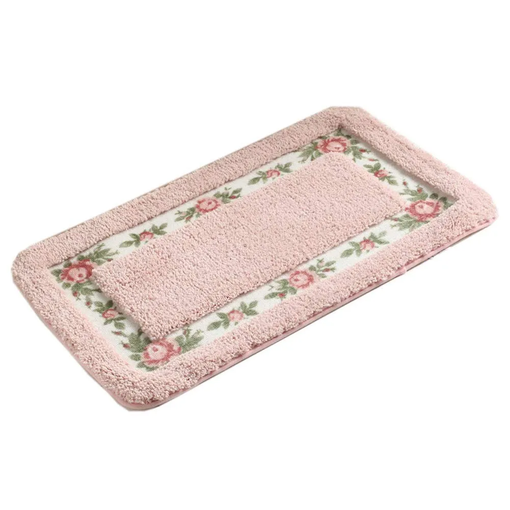 GARVEE Non-Slip Pastoral Floor Mat Style Rose Pattern Non Slip Water Absorption Rectangle Carpet Floor Mat for Living Room Bedroom Kitchen Pink 40×60cm