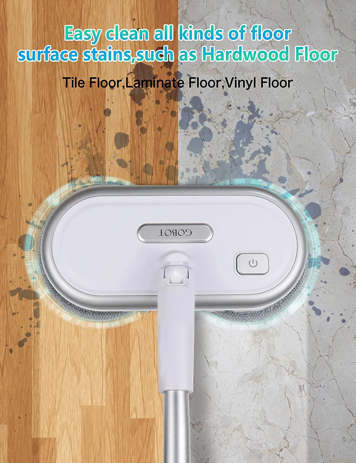 GOBOT Electric Mop with Motorized Dual Spin Mopheads, Lightweight & Rechargeable,4 Microfiber Pads & 2 Floor Scrubber Pads, Cleaning & Waxing for Laminate/Hardwood Floor/Bathroom Wall/Window/Tile