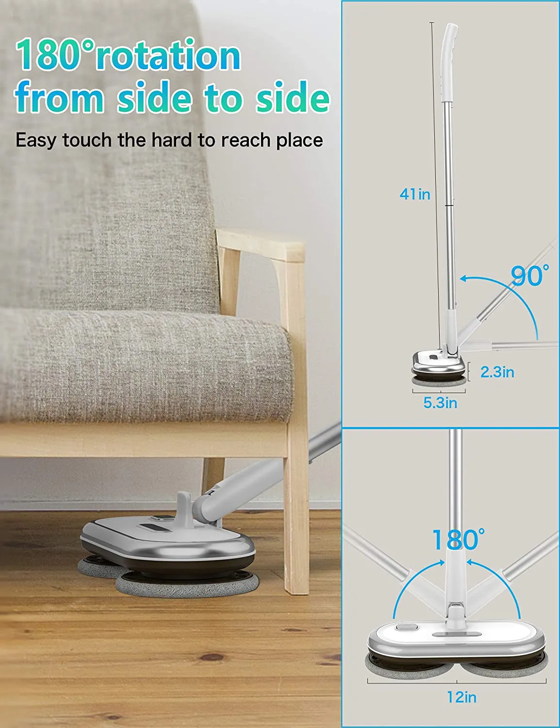 GOBOT Electric Mop with Motorized Dual Spin Mopheads, Lightweight & Rechargeable,4 Microfiber Pads & 2 Floor Scrubber Pads, Cleaning & Waxing for Laminate/Hardwood Floor/Bathroom Wall/Window/Tile