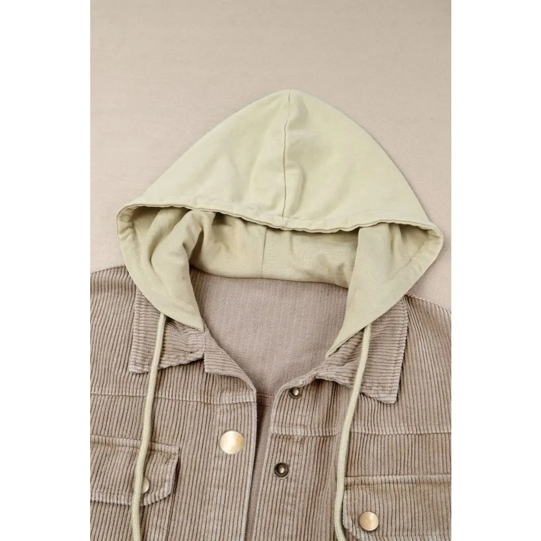 Green Color Block Button Down Hooded Corduroy Jacket