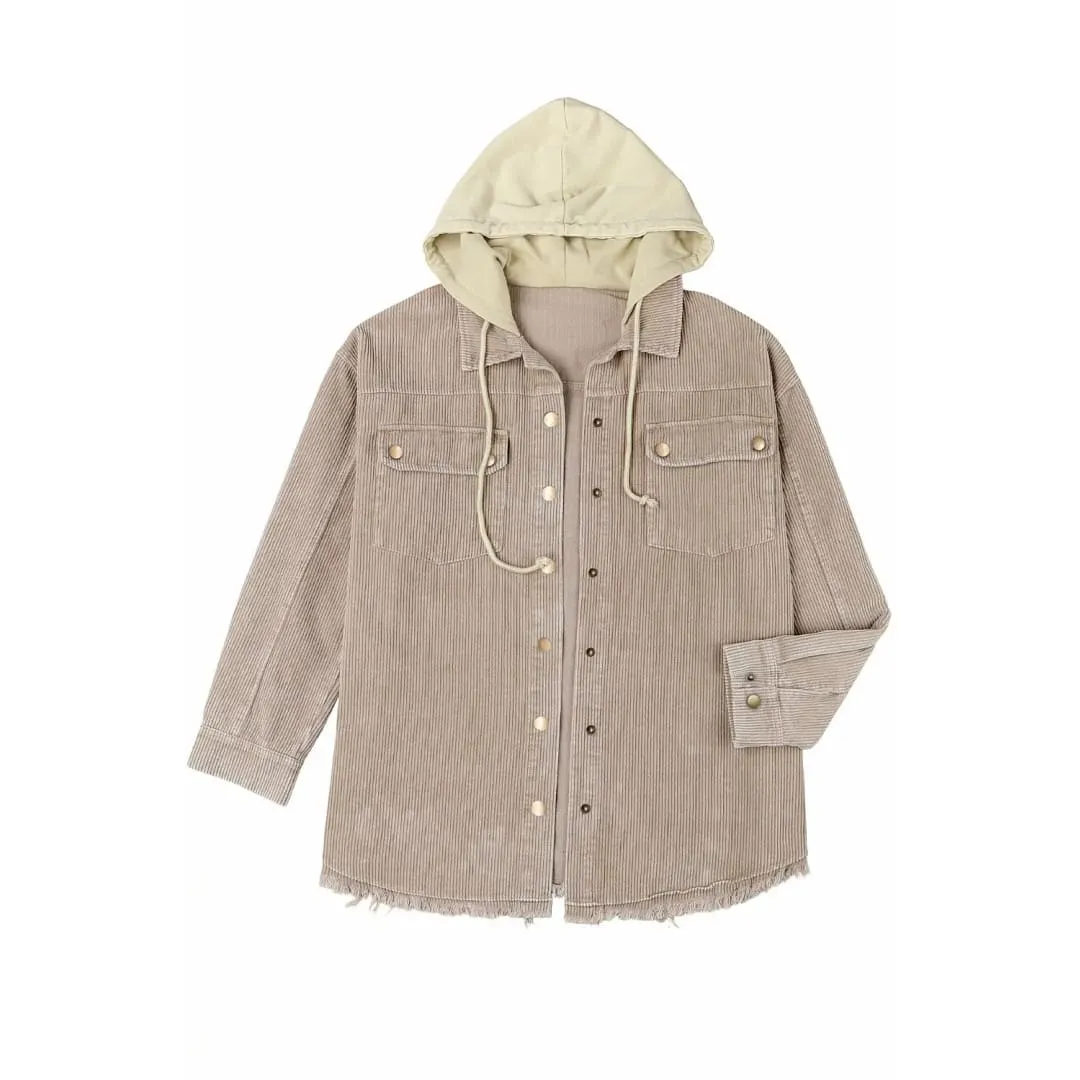 Green Color Block Button Down Hooded Corduroy Jacket