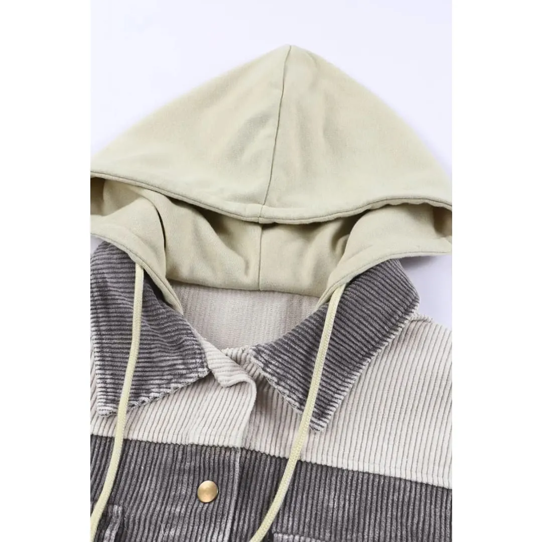 Green Color Block Button Down Hooded Corduroy Jacket