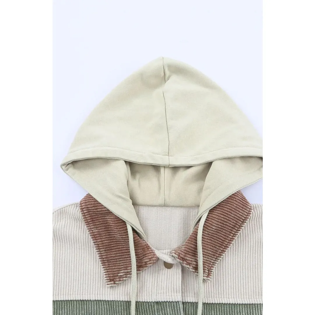 Green Color Block Button Down Hooded Corduroy Jacket