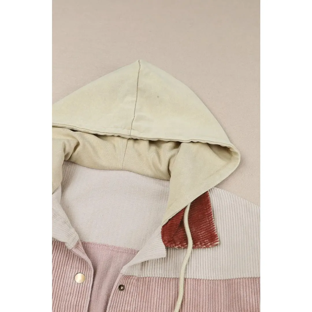 Green Color Block Button Down Hooded Corduroy Jacket