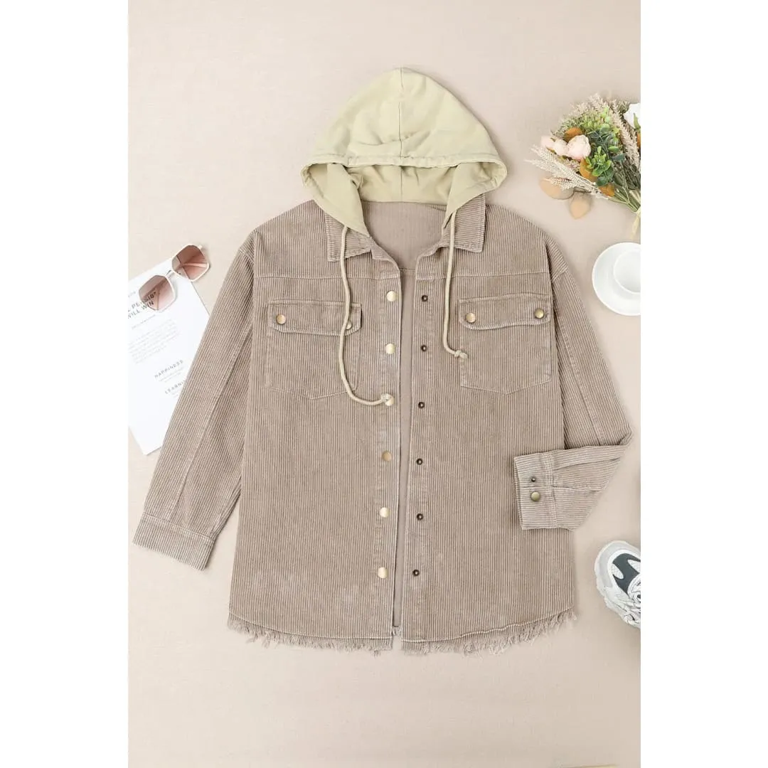 Green Color Block Button Down Hooded Corduroy Jacket