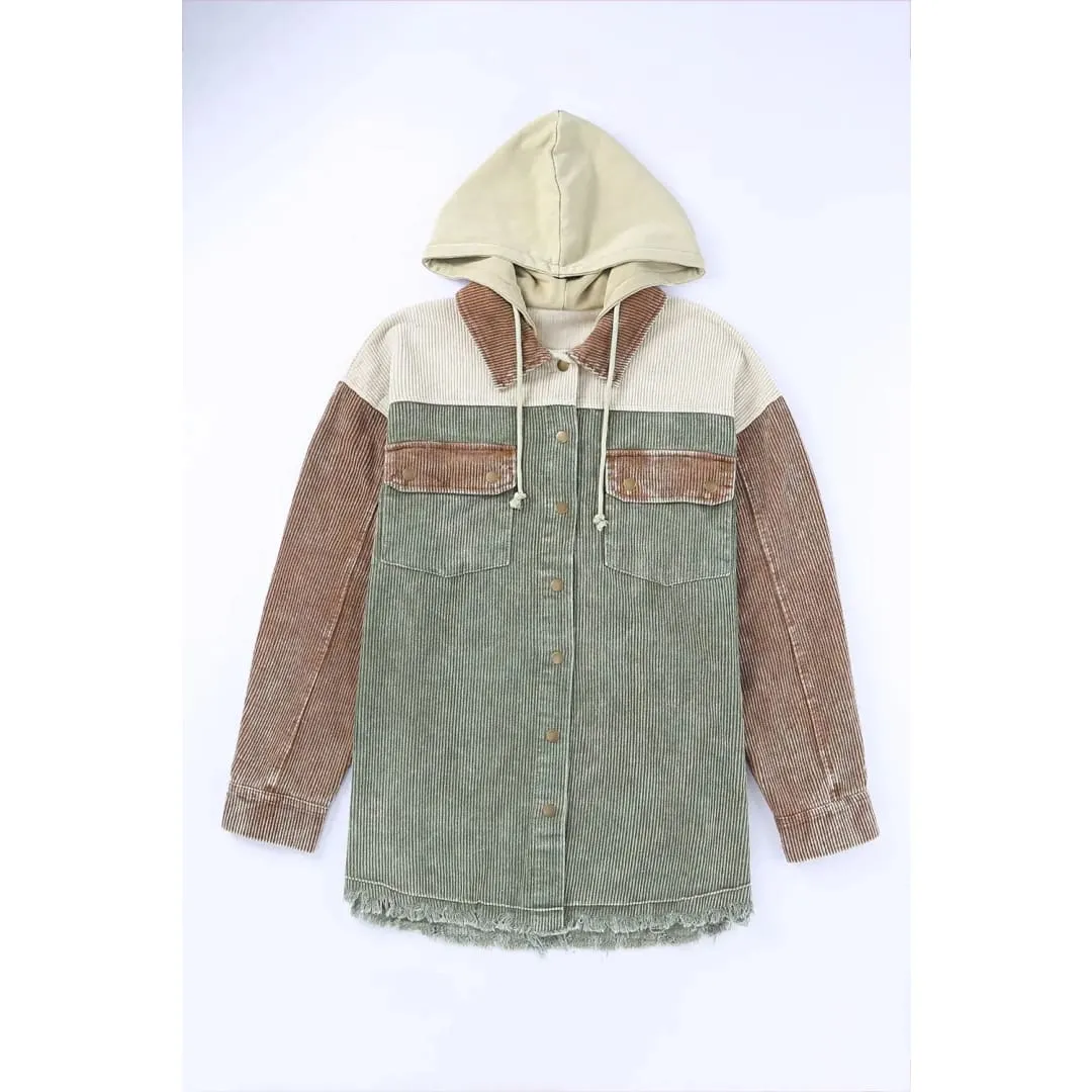 Green Color Block Button Down Hooded Corduroy Jacket