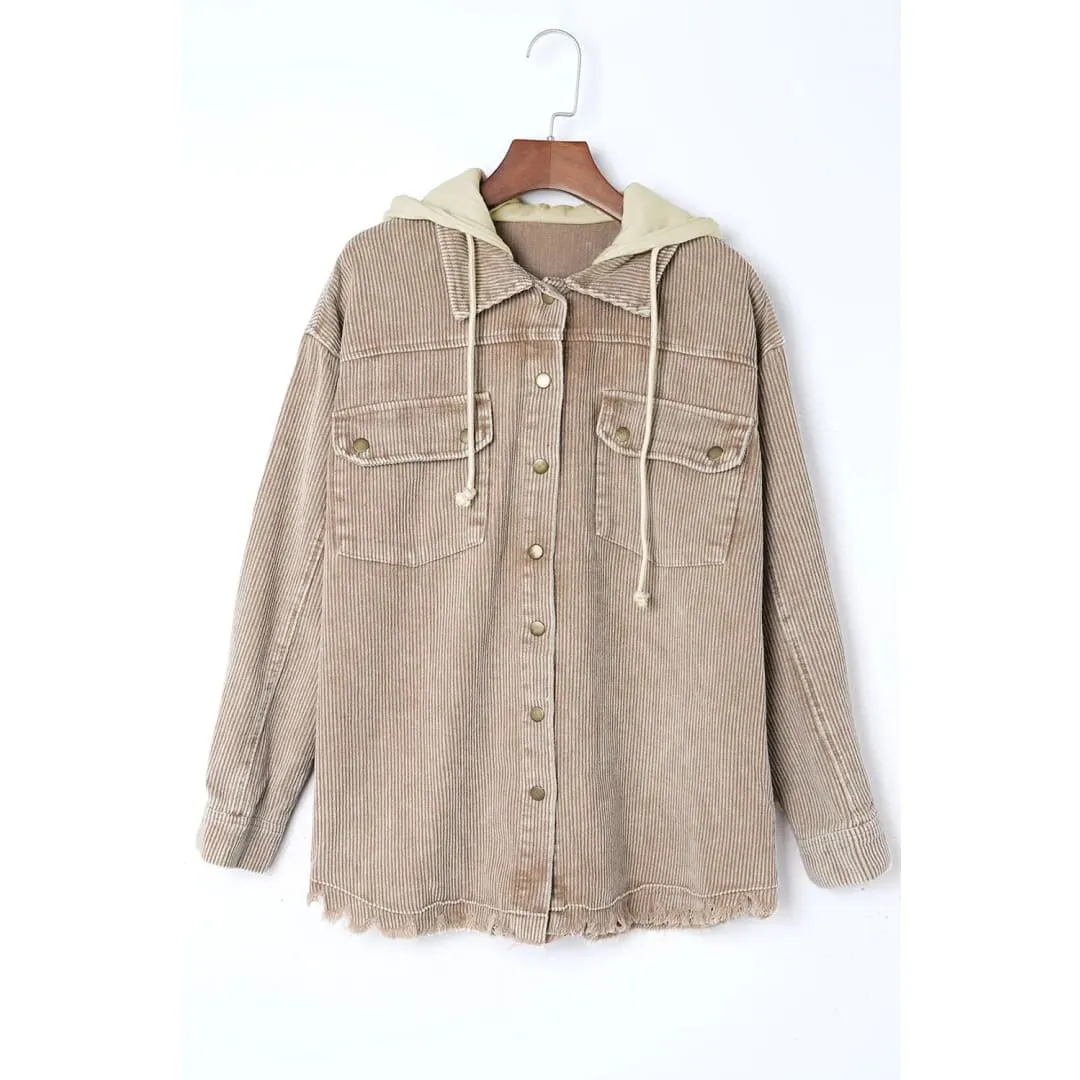 Green Color Block Button Down Hooded Corduroy Jacket