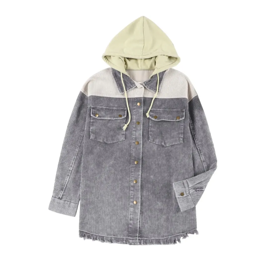 Green Color Block Button Down Hooded Corduroy Jacket