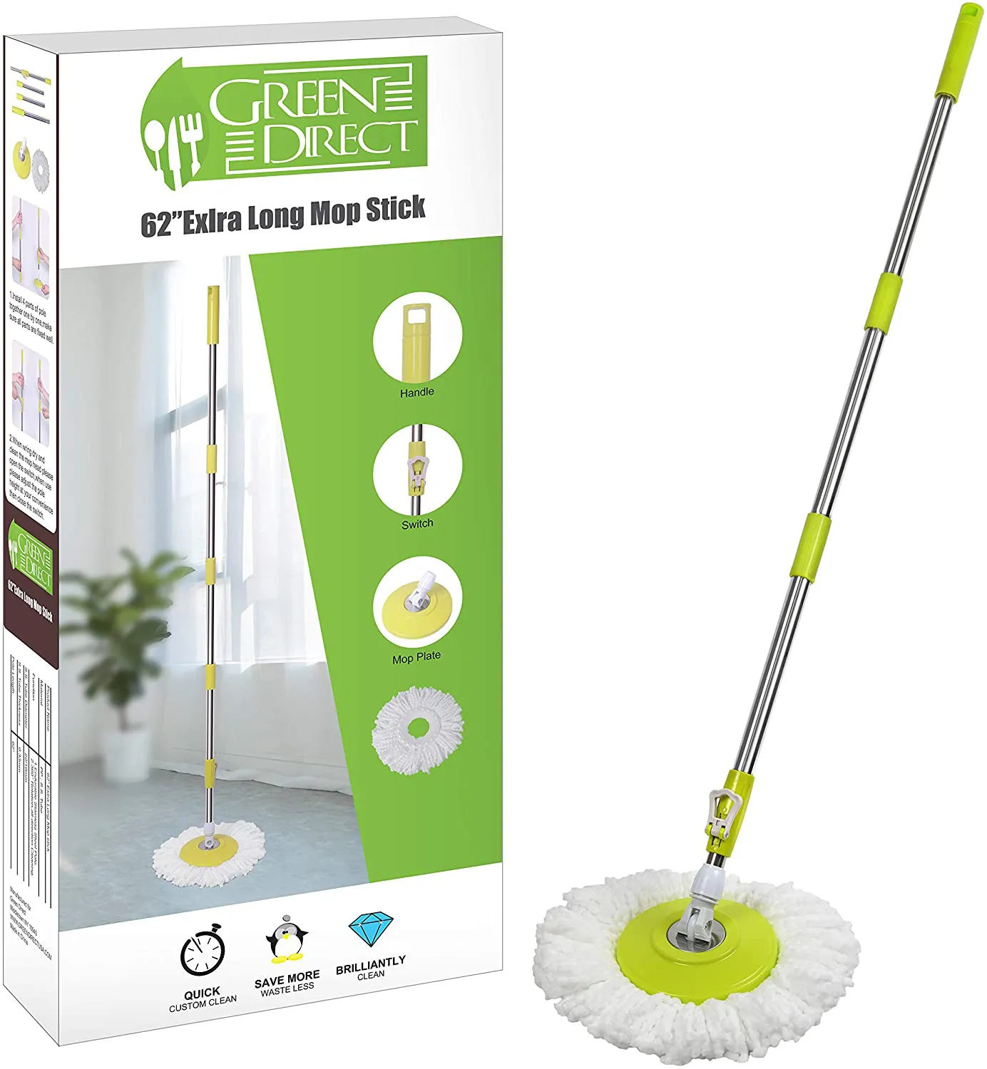 Green Direct Mop Stick Spin Mop Deluxe Bucket Cleaning System (Mop Stick and Microfiber Mop Head Included)