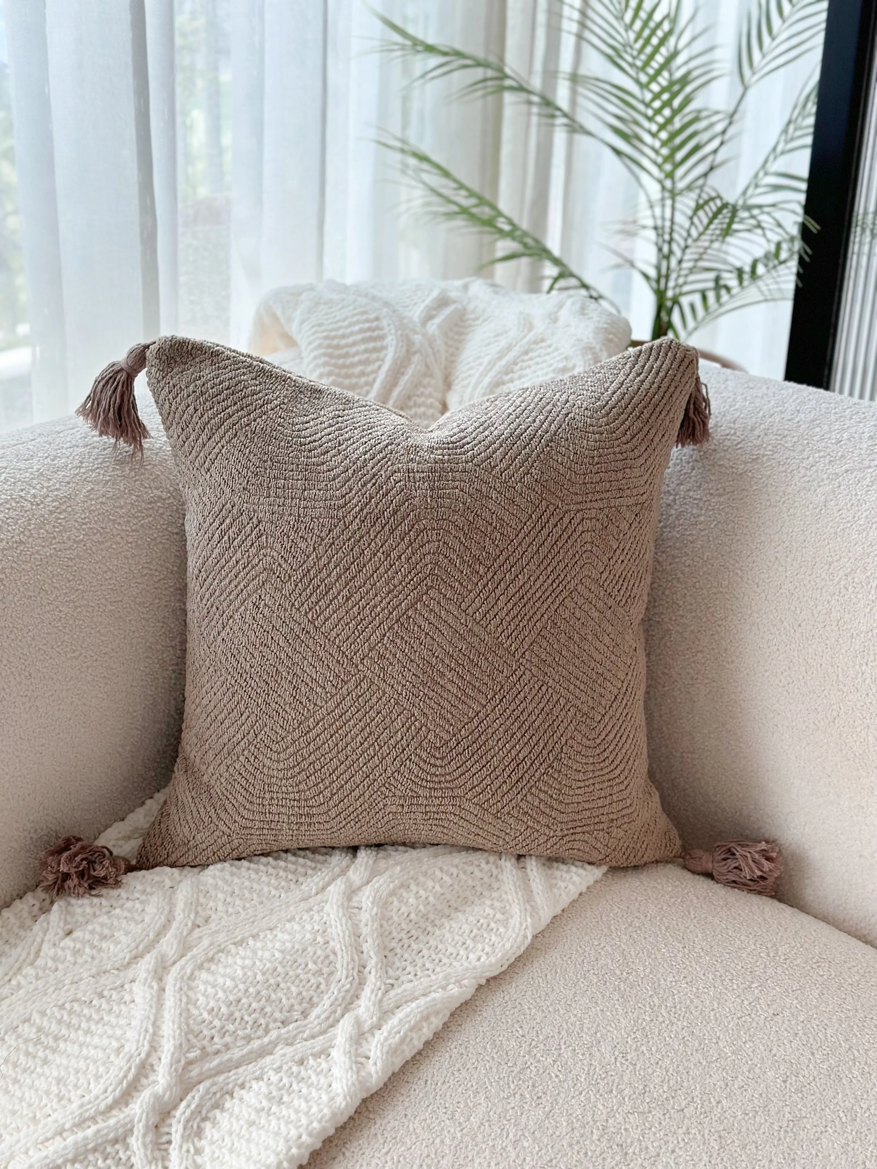 HerringHaven Tassel Cushion Cover - Khaki Brown