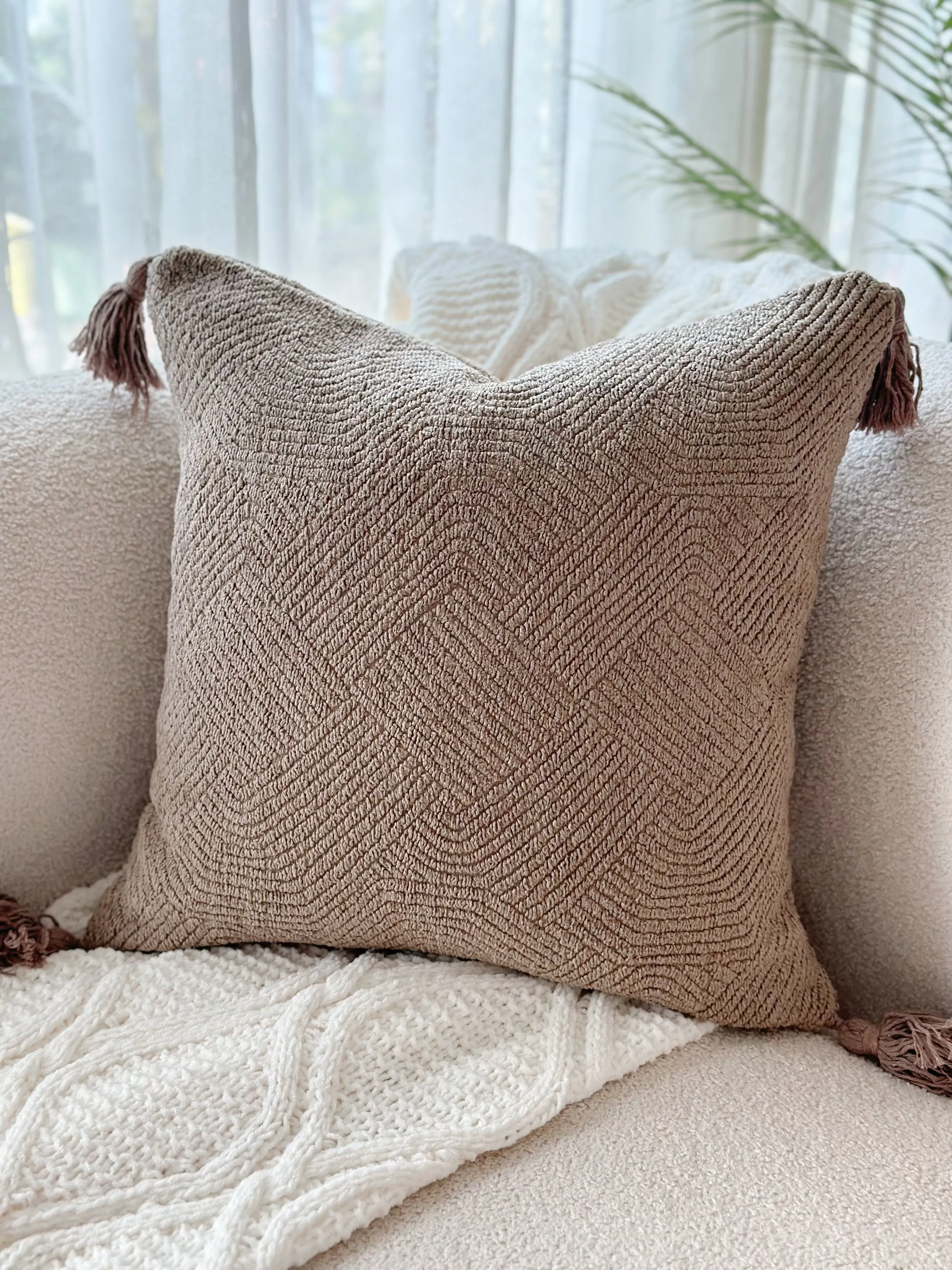 HerringHaven Tassel Cushion Cover - Khaki Brown