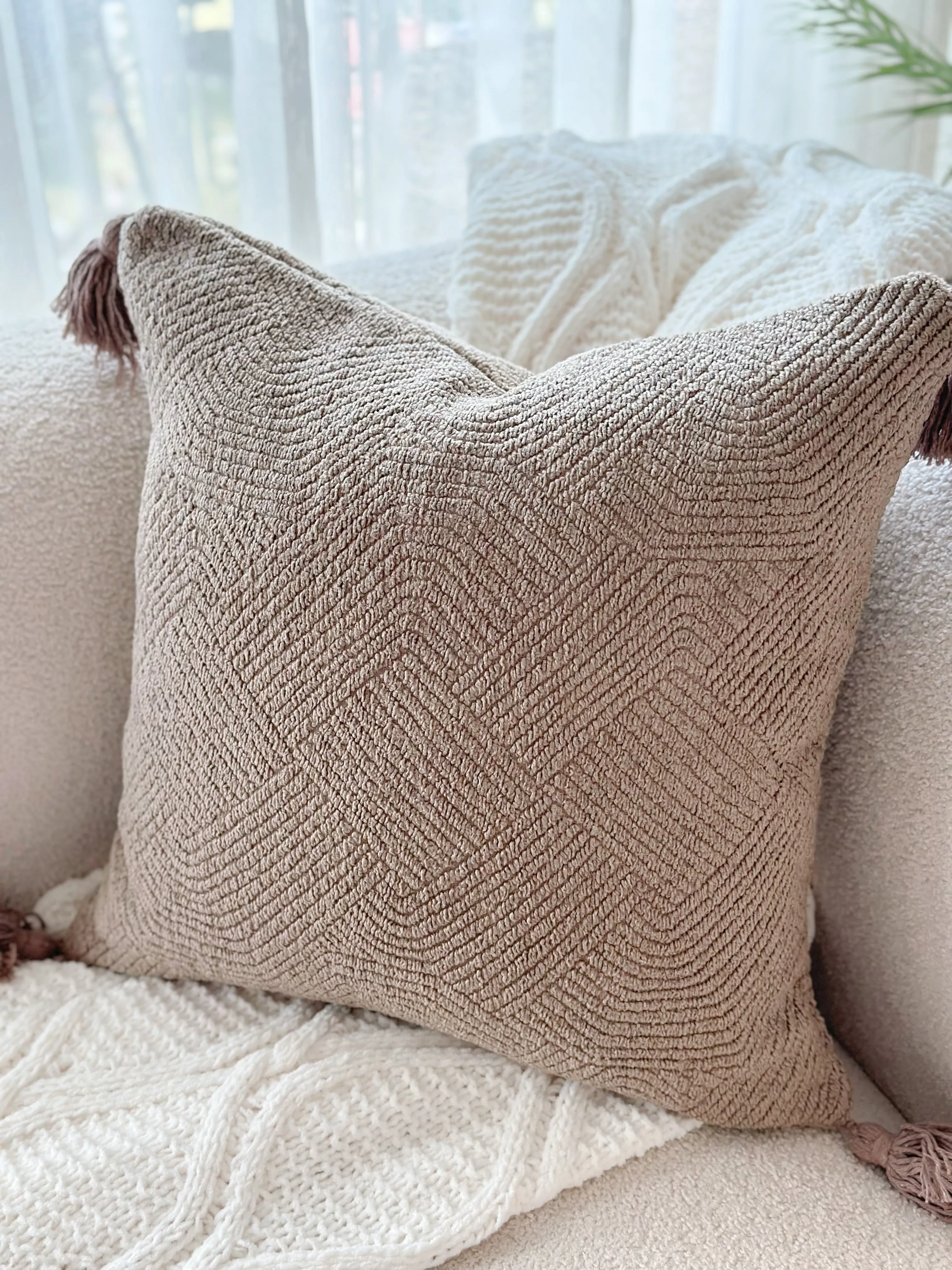 HerringHaven Tassel Cushion Cover - Khaki Brown