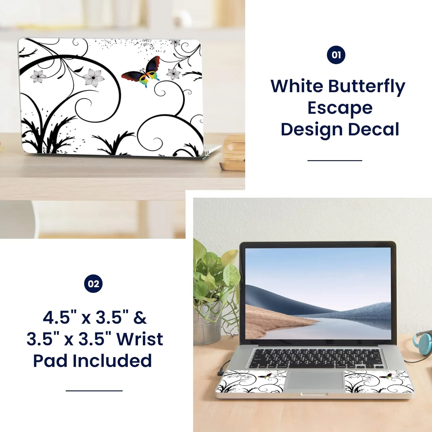 Laptop Notebook Skin Decal with 2 Matching Wrist Pads - White Butterfly Escape