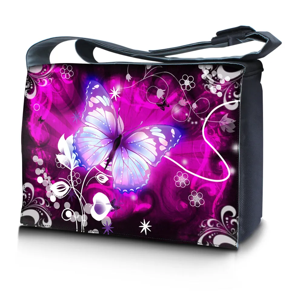 Laptop Padded Compartment Shoulder Messenger Bag Carrying Case & Matching Skin & Mouse Pad – Butterfly Purple