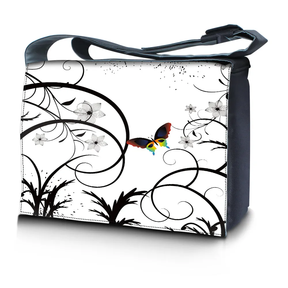 Laptop Padded Compartment Shoulder Messenger Bag Carrying Case & Matching Skin & Mouse Pad – White Butterfly Escape Floral