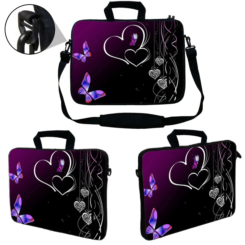 Laptop Sleeve Carrying Case w/ Removable Shoulder Strap & Skin & Mouse Pad – Butterfly Heart Floral