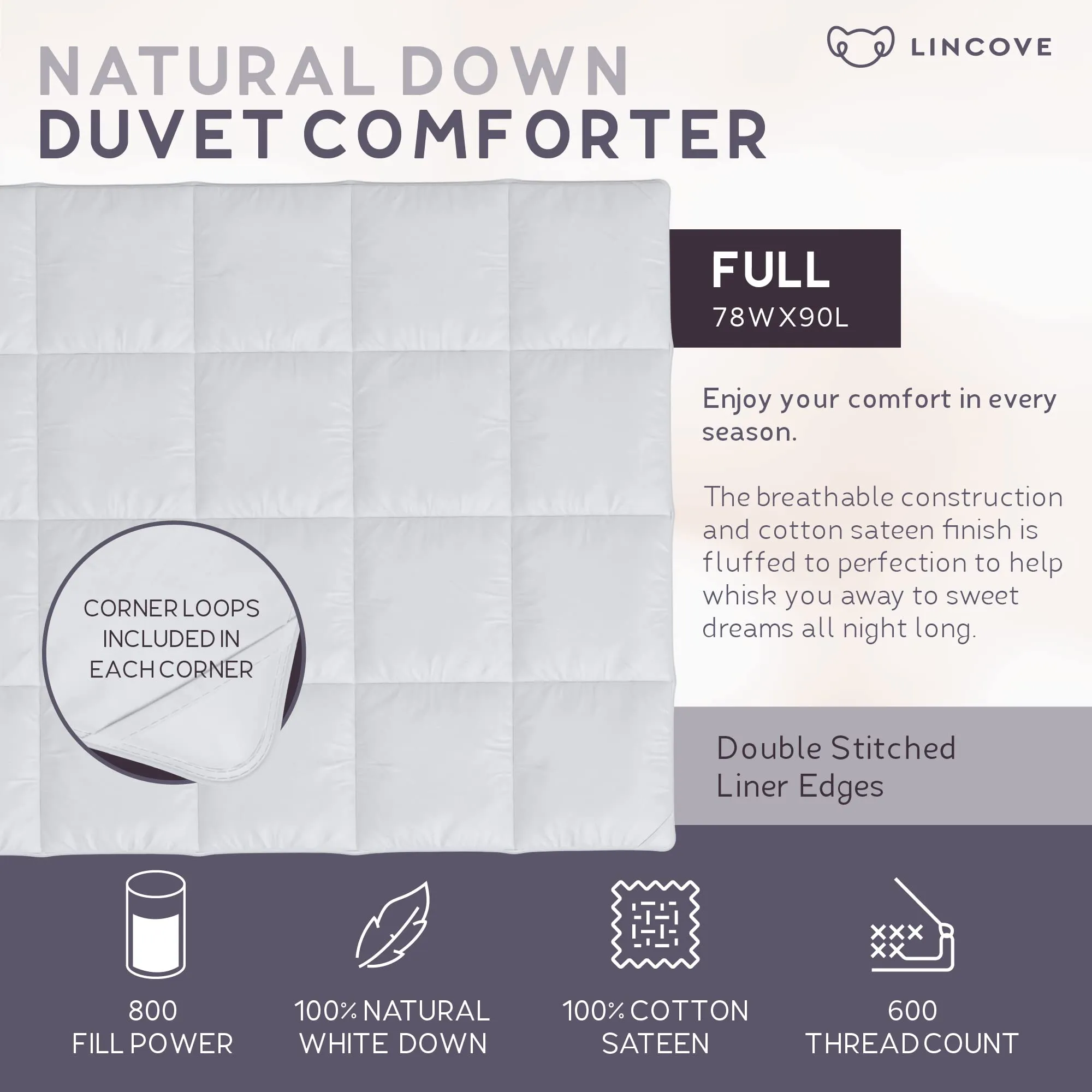 Lincove Canadian Down Comforter – All-Season Warmth Duvet Insert – Corner Loops in Each Corner, 600 Thread Count - 100% Cotton Sateen Shell, Full