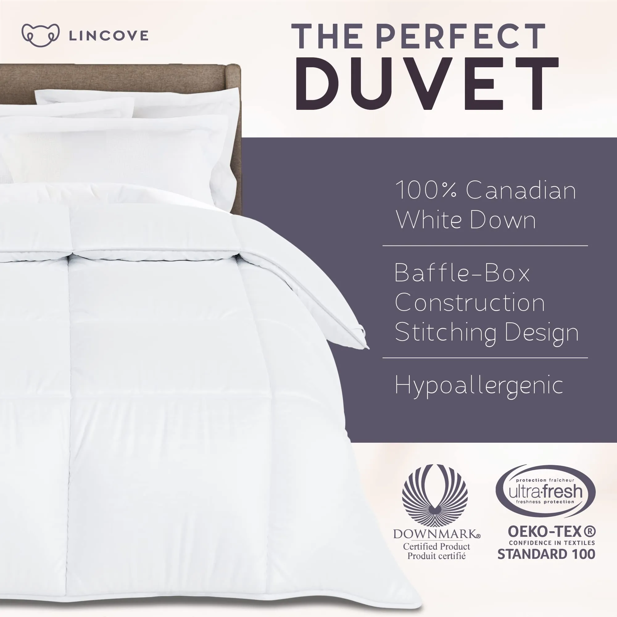 Lincove Canadian Down Comforter – All-Season Warmth Duvet Insert – Corner Loops in Each Corner, 600 Thread Count - 100% Cotton Sateen Shell, Full