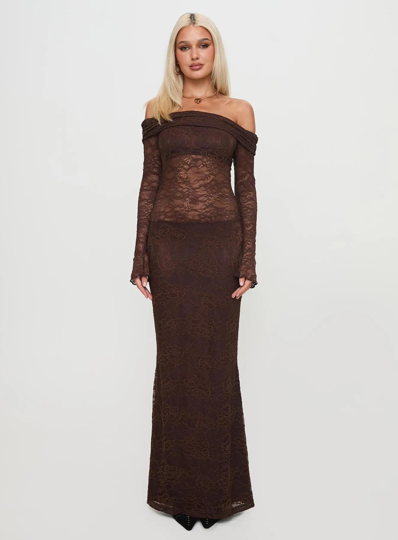 Make Your Mark Off Shoulder Maxi Dress Chocolate