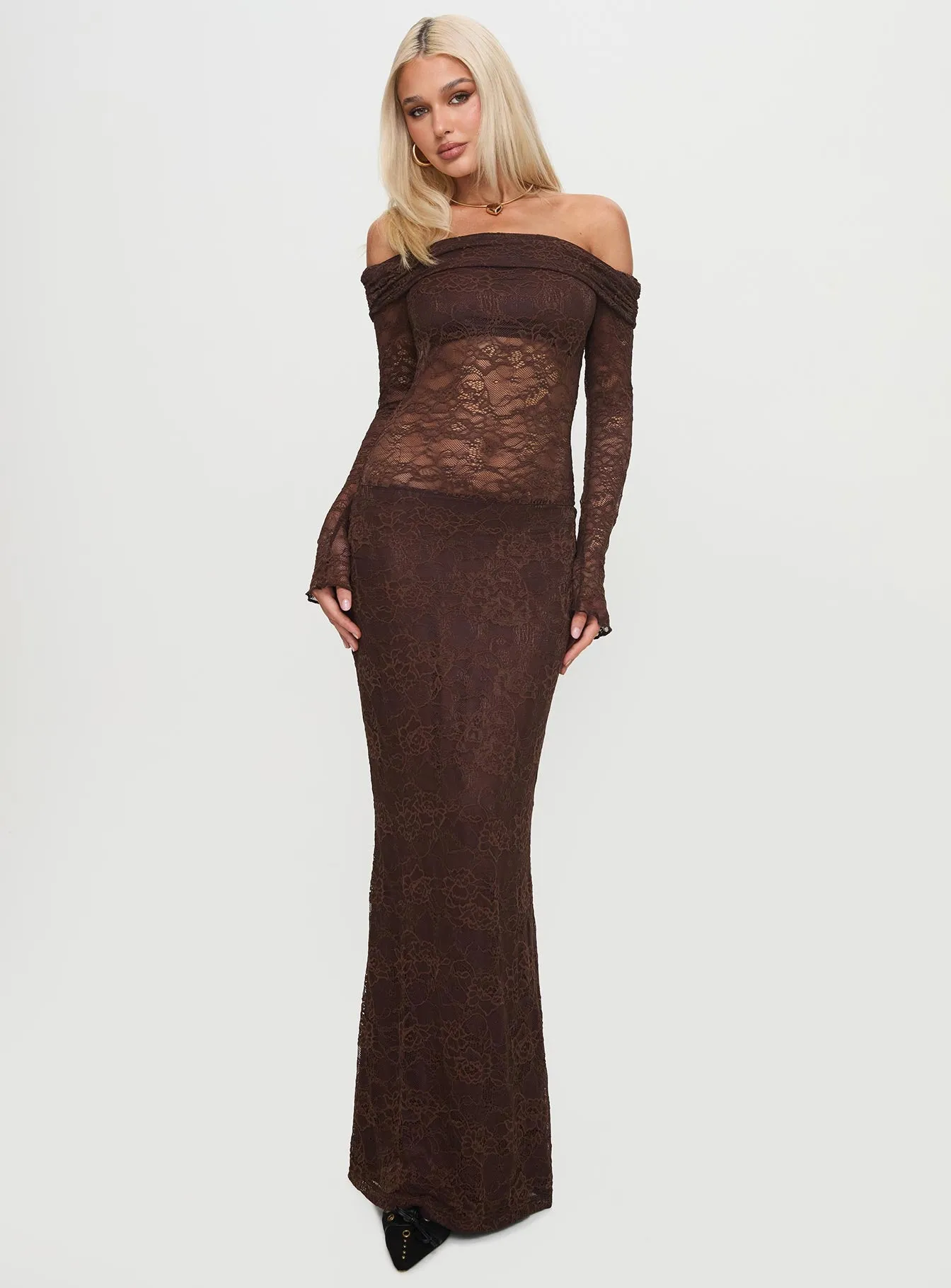 Make Your Mark Off Shoulder Maxi Dress Chocolate