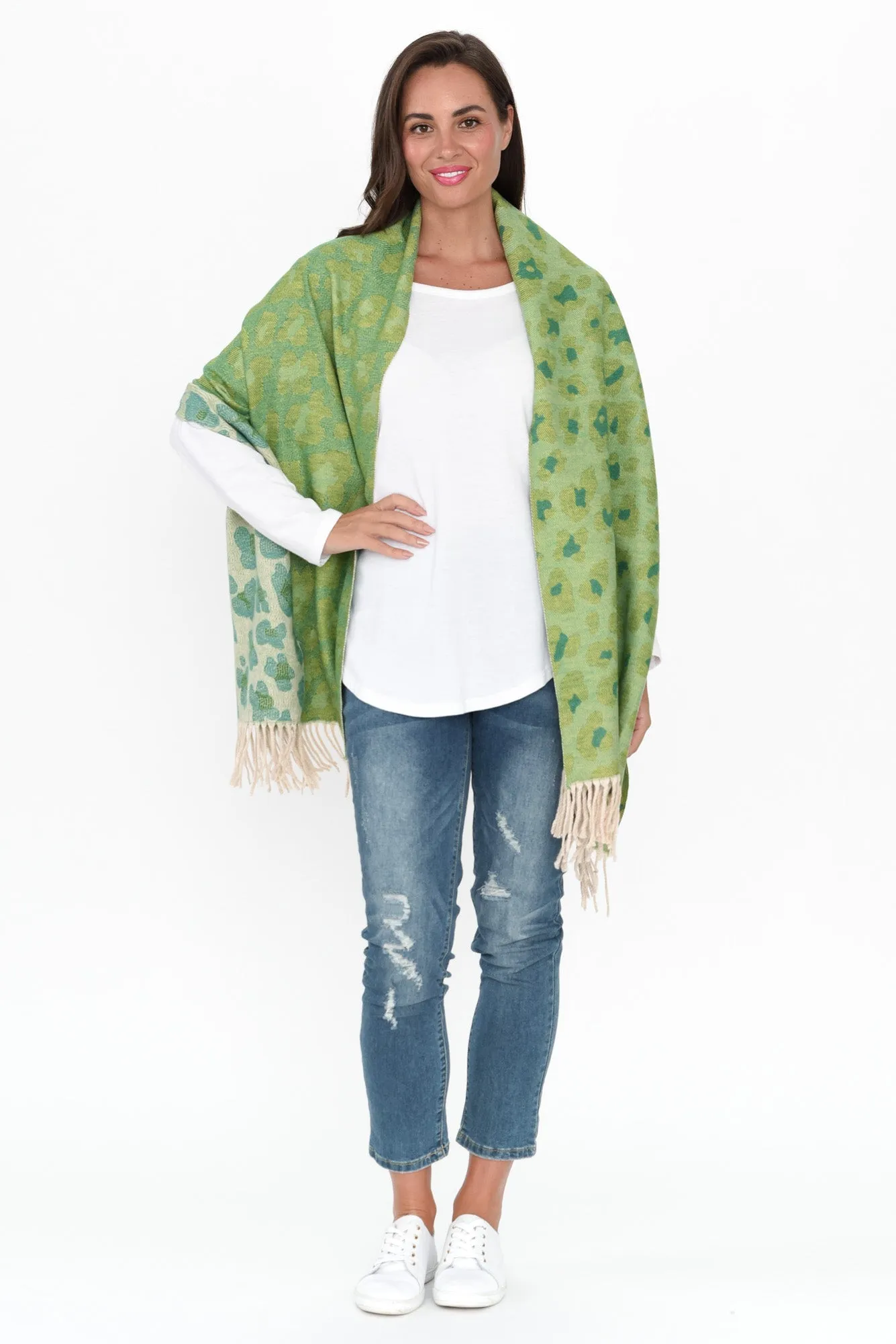 Marwa Green Leopard Tassel Scarf