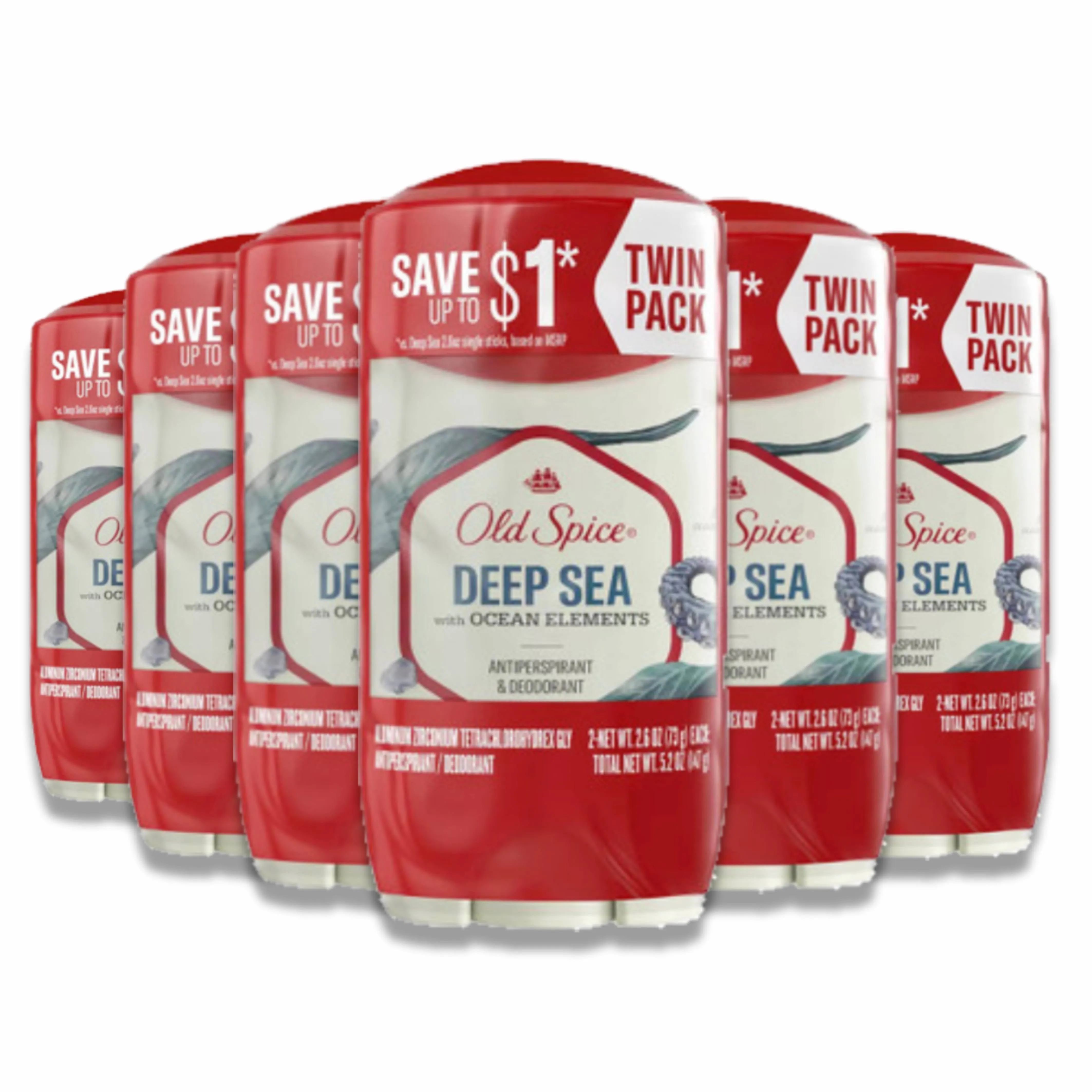 Old Spice -  Invisible Solid Antiperspirant Deodorant for Men, Deep Sea Scent - Twin Pack - 2.6 Oz - 6 Pack