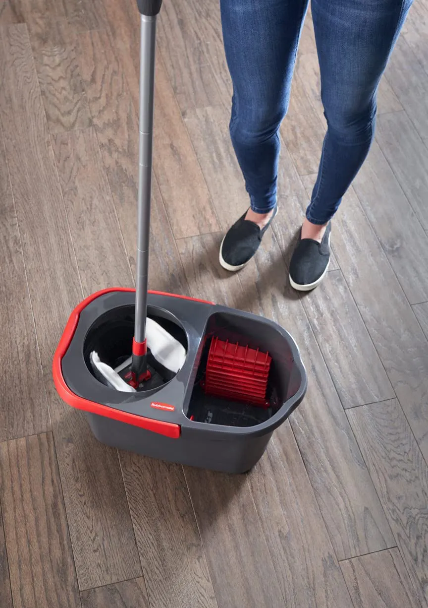 Rubbermaid Microfiber Flat Spin Mopping Floor Care System with Wringer Bucket (2104526), Red