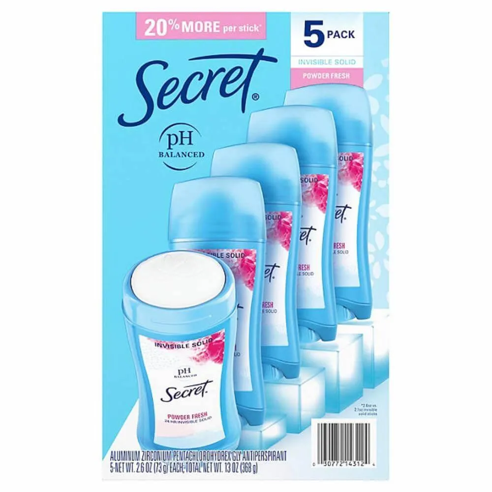 Secret - Invisible Solid Antiperspirant and Deodorant, Powder Fresh - 2.6 Oz - 5 Pack