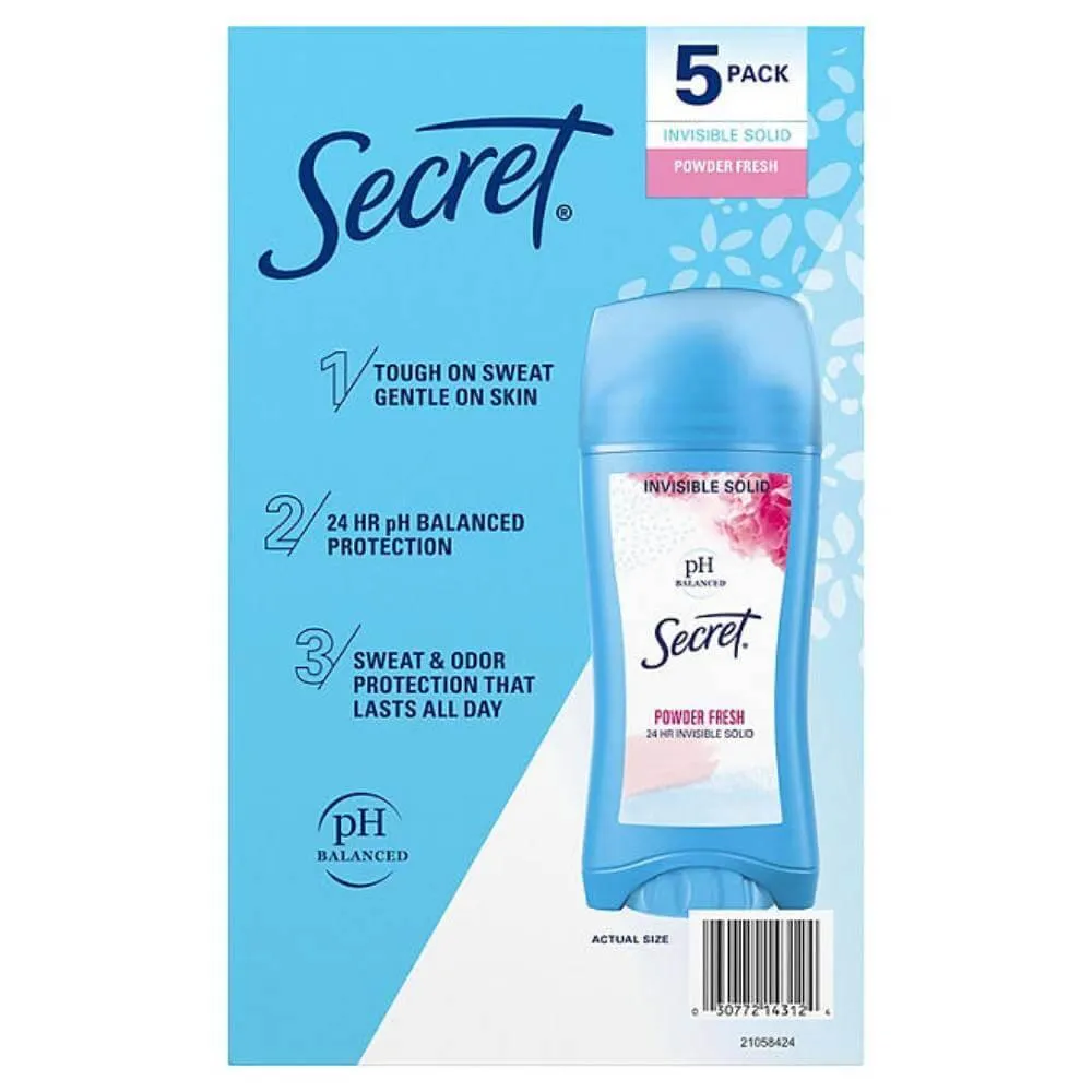 Secret - Invisible Solid Antiperspirant and Deodorant, Powder Fresh - 2.6 Oz - 5 Pack