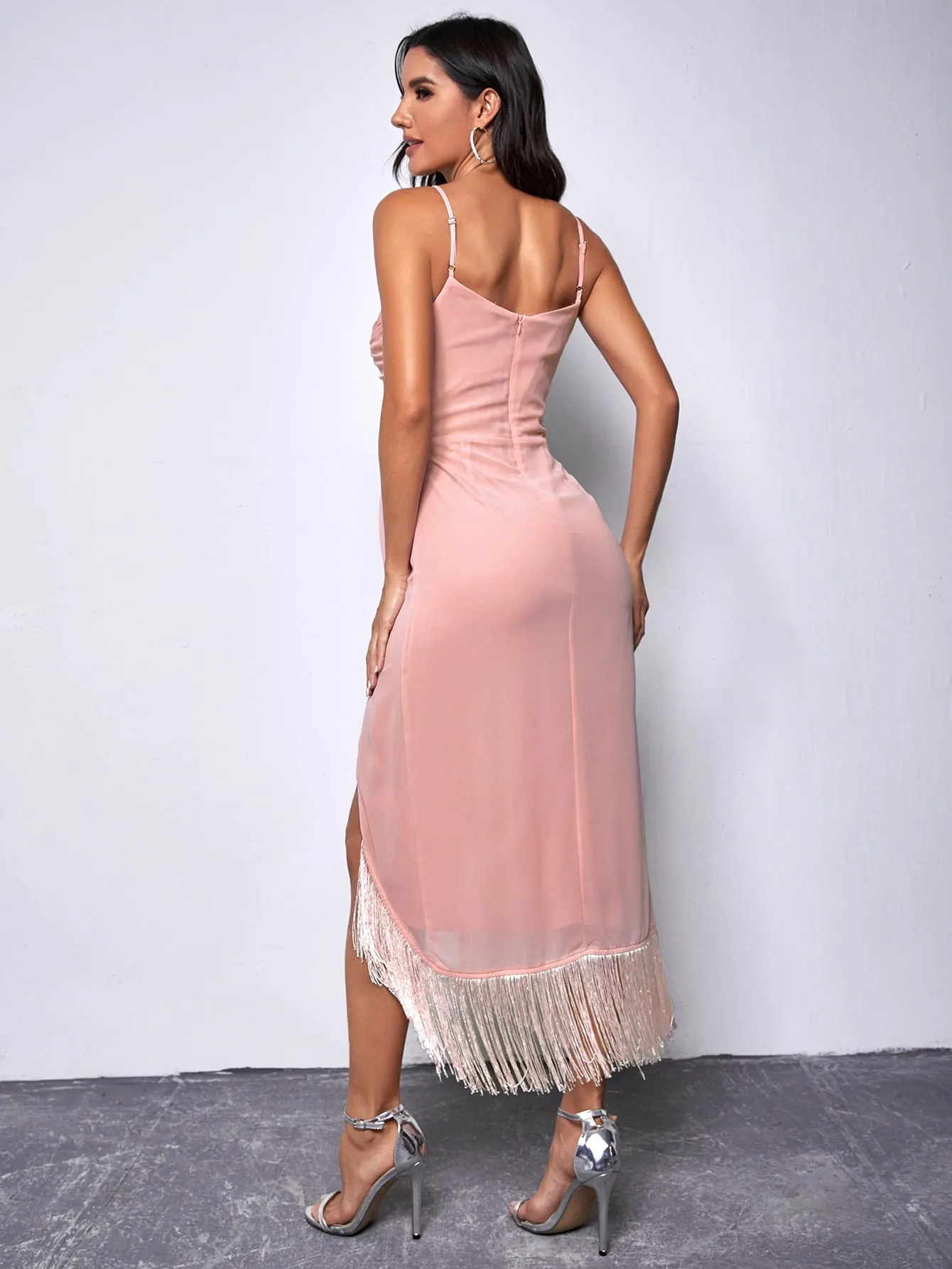 Split Fringe Hem Draped Cami Dress