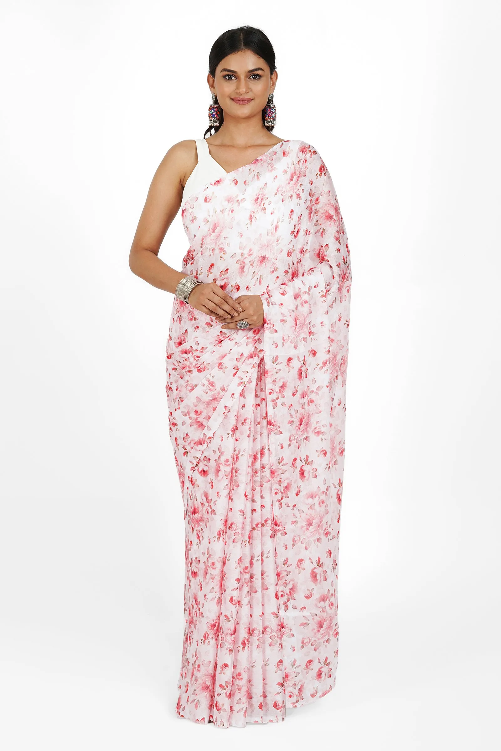 Teejh Crimson Petal Digital Print Chiffon Saree