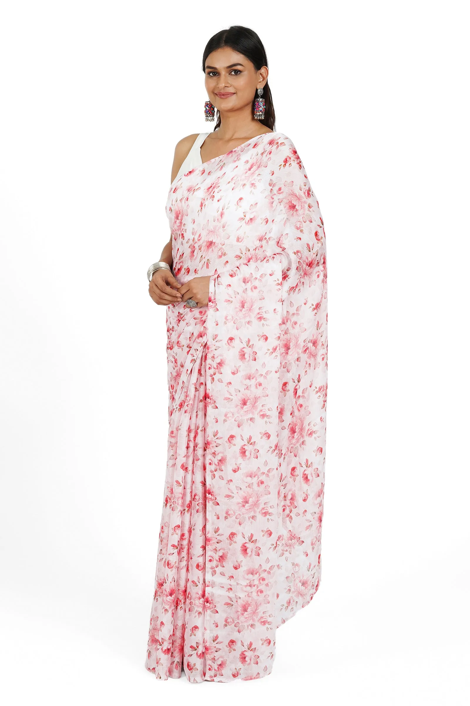 Teejh Crimson Petal Digital Print Chiffon Saree