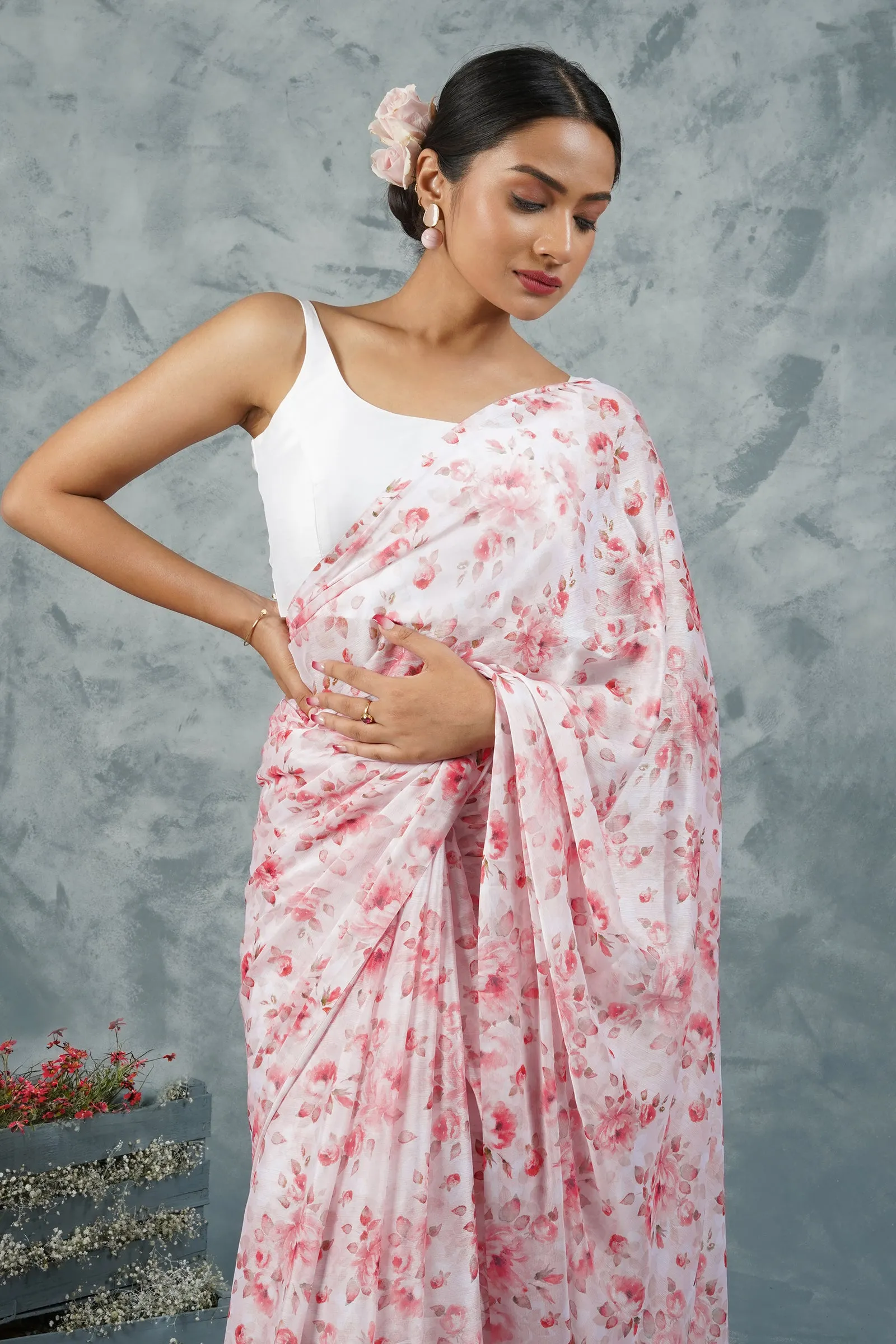 Teejh Crimson Petal Digital Print Chiffon Saree