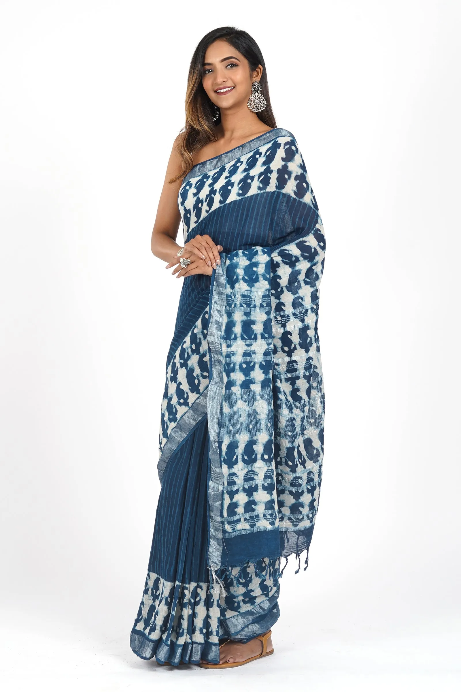 Teejh Deep Blue Linen Saree