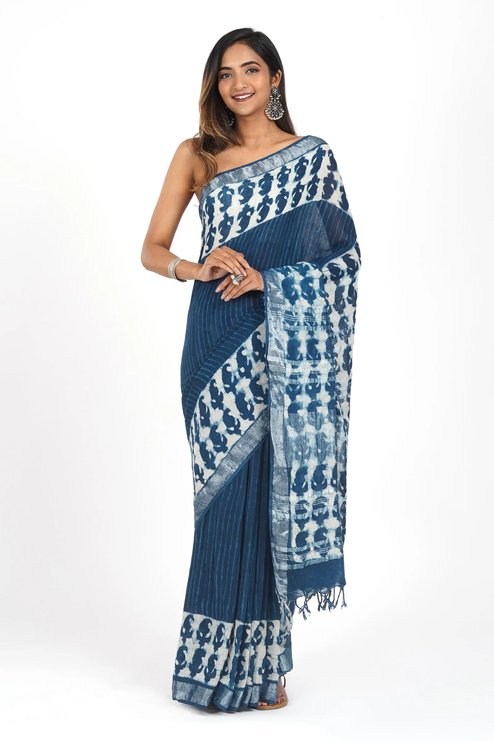 Teejh Deep Blue Linen Saree