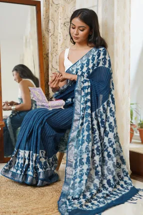 Teejh Deep Blue Linen Saree