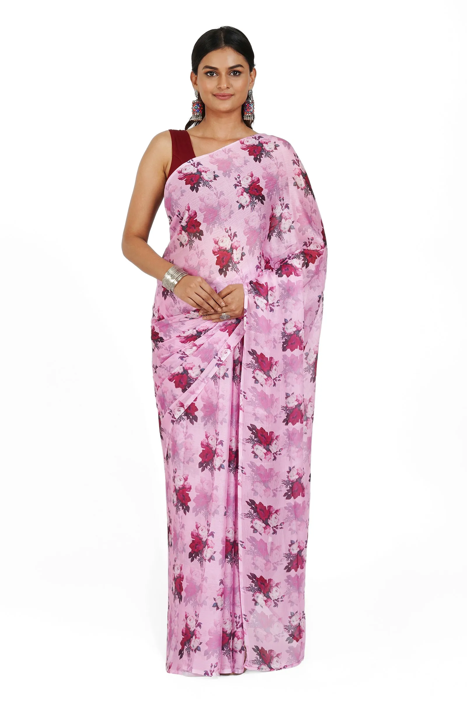 Teejh  Lilac Blossom Digital Print Chiffon Saree