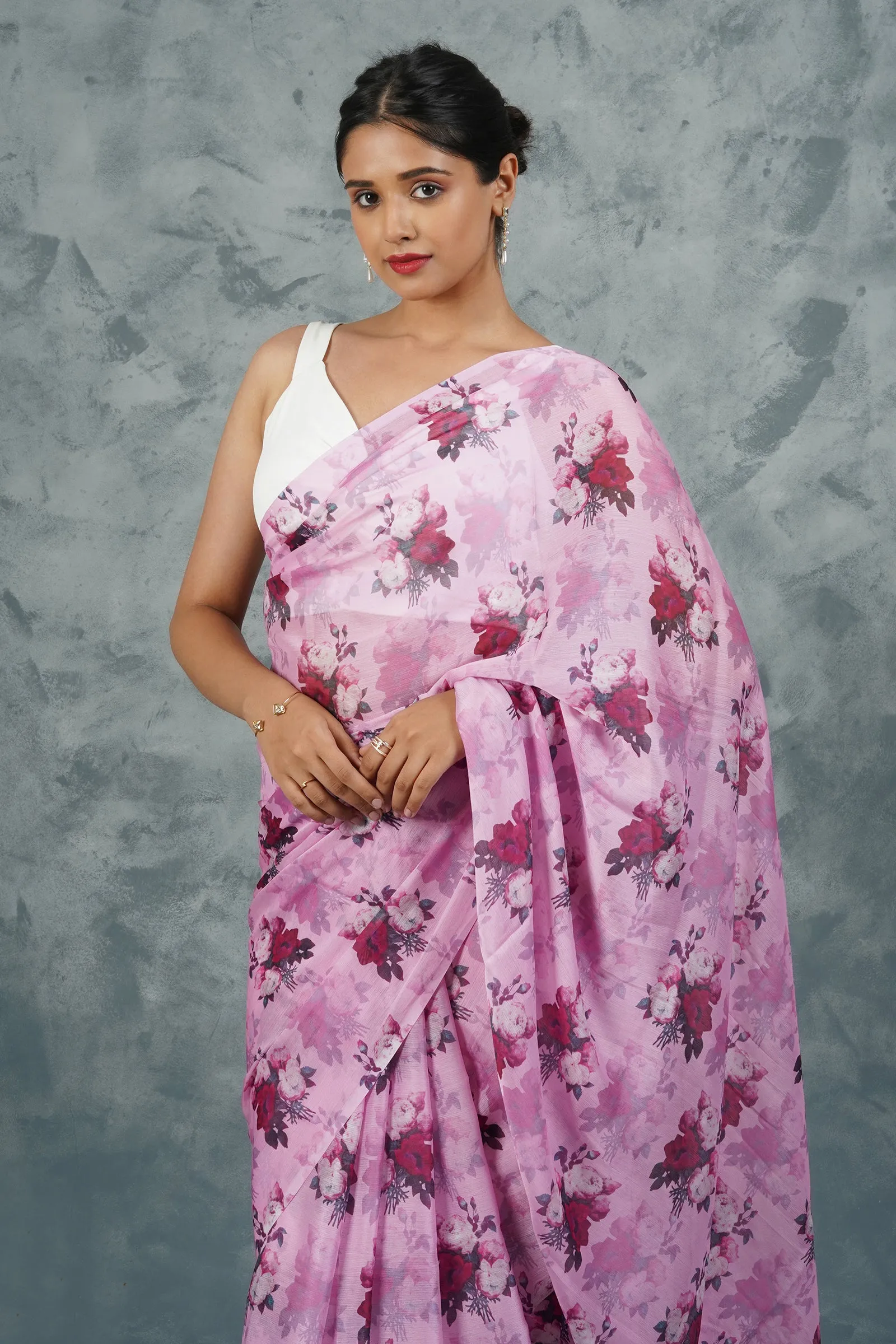 Teejh  Lilac Blossom Digital Print Chiffon Saree