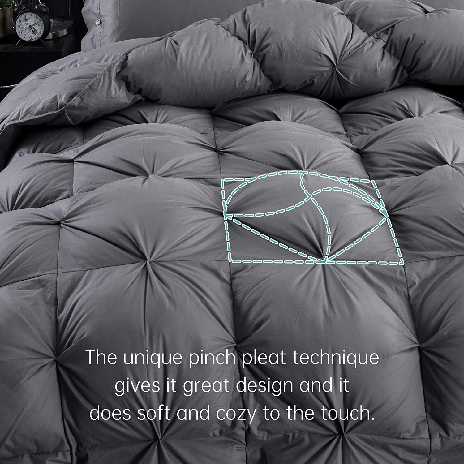 Three Geese Pinch Pleat Feathers Down Comforter King Size Duvet Insert,750  Fill Power,1200TC 100% Cotton Fabric,All Seasons Premium Grey Down Comforter with 8 Tabs