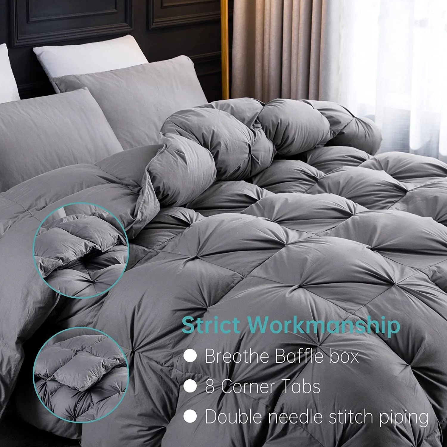 Three Geese Pinch Pleat Feathers Down Comforter King Size Duvet Insert,750  Fill Power,1200TC 100% Cotton Fabric,All Seasons Premium Grey Down Comforter with 8 Tabs