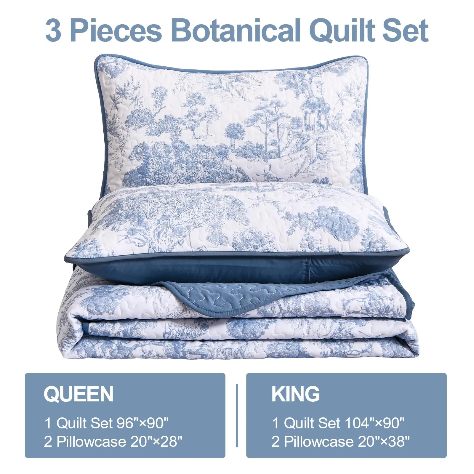 WONGS BEDDING Blue Quilt Set Full Size, 3 Pieces Botanical Bedspreads Set Lightweight Microfiber Blue Plants Pattern Coverlet Home Decor for All Seasons (90x78)