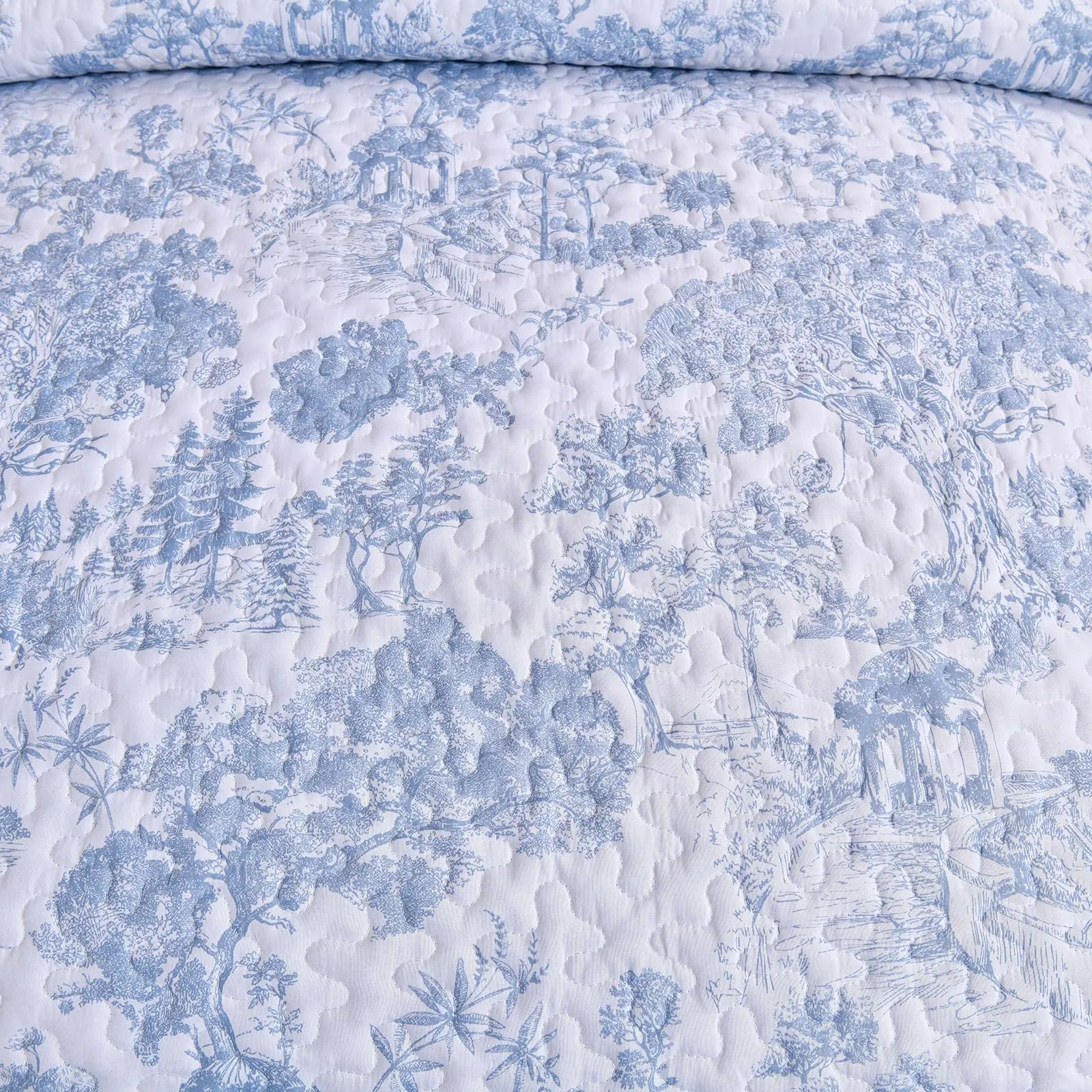 WONGS BEDDING Blue Quilt Set Full Size, 3 Pieces Botanical Bedspreads Set Lightweight Microfiber Blue Plants Pattern Coverlet Home Decor for All Seasons (90x78)