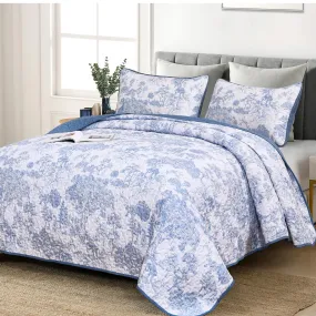 WONGS BEDDING Blue Quilt Set Full Size, 3 Pieces Botanical Bedspreads Set Lightweight Microfiber Blue Plants Pattern Coverlet Home Decor for All Seasons (90x78)