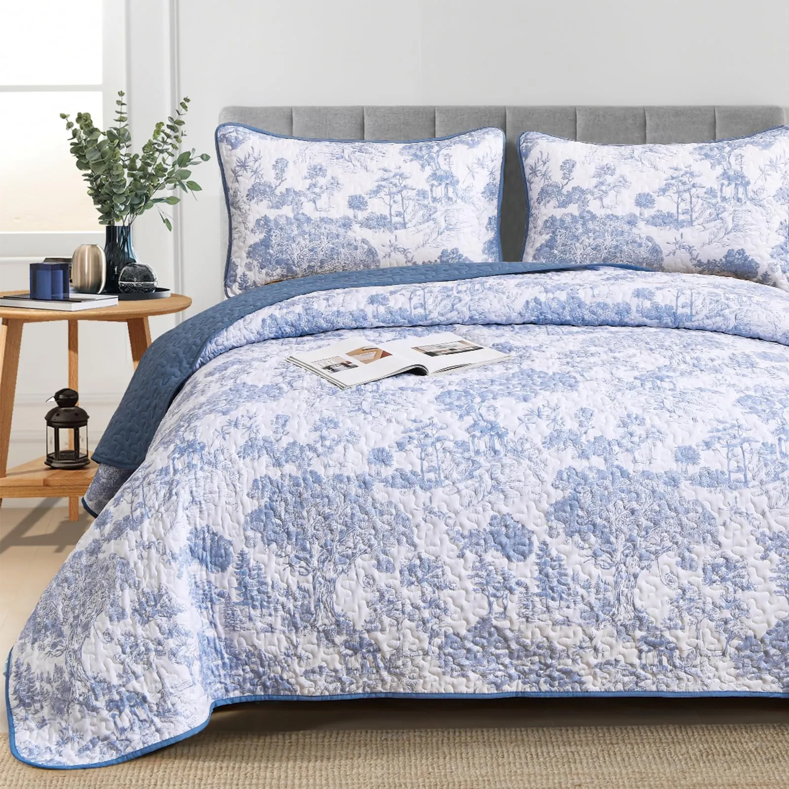 WONGS BEDDING Blue Quilt Set Full Size, 3 Pieces Botanical Bedspreads Set Lightweight Microfiber Blue Plants Pattern Coverlet Home Decor for All Seasons (90x78)